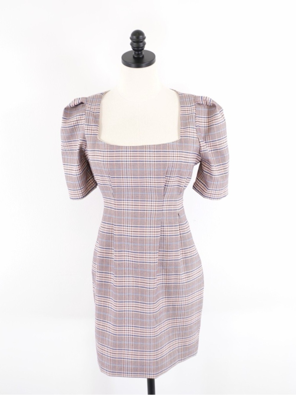 Forever 21 Taupe and Cream Plaid Square-Neck Sheath Dress